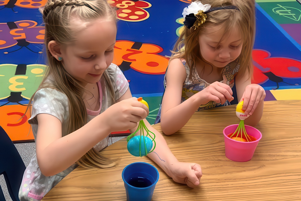 Two young girls joyfully playing with colorful plastic cups, showcasing creativity and learning through play.